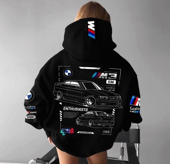 BMW M3 Baskılı Siyah Kapşonlu Sweatshirt