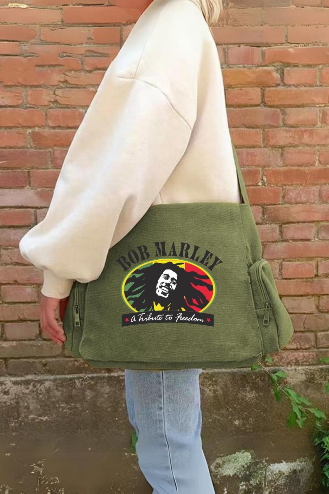 Bob Marley Baskılı Unisex Yeşil Postacı Çantası