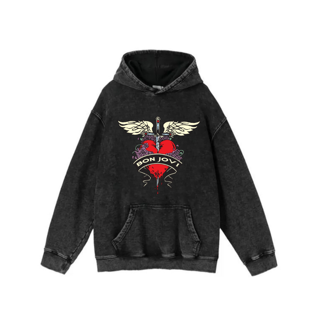 Yıkamalı Kumaş Rock Serisi Bon Jovi Kapüşonlu Hoodie Sweatshirt