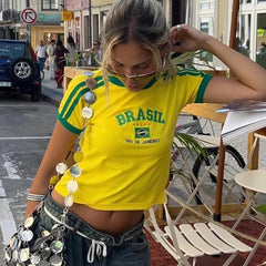 Brasil Baskılı Biyeli Sarı Crop Bluz