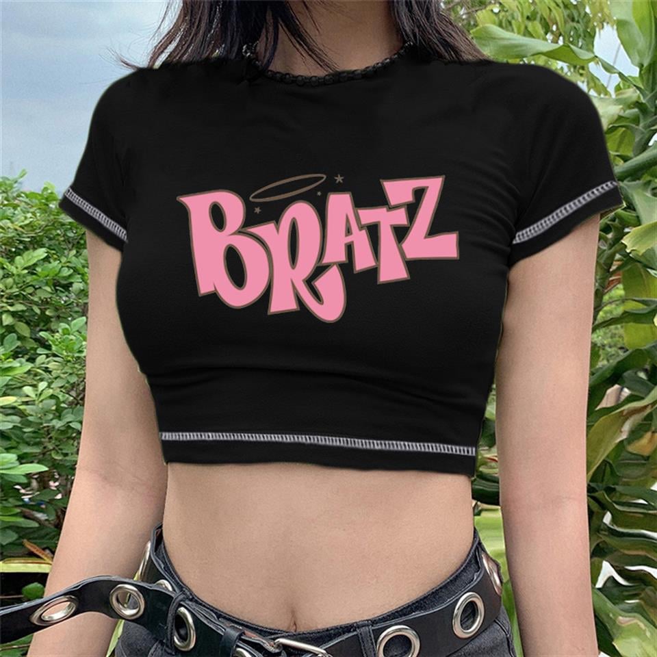 Bratz Baskılı Ters Dikiş Siyah Crop