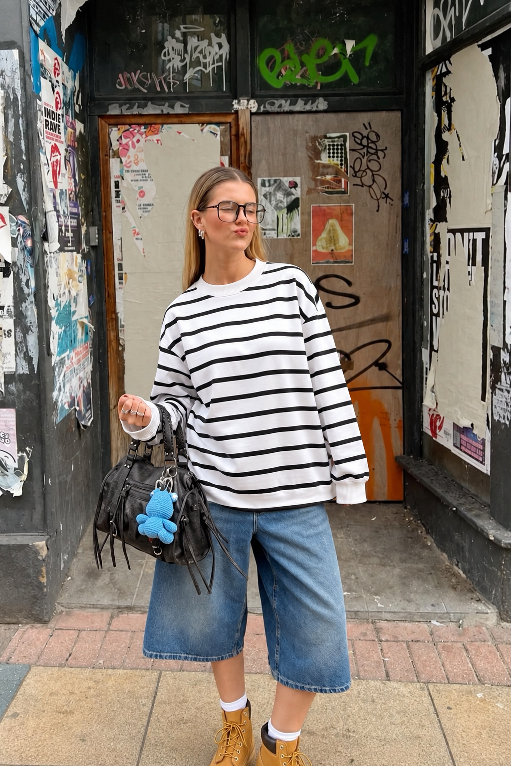 Urban Edge Siyah Beyaz Çizgili Oversize Sweatshirt