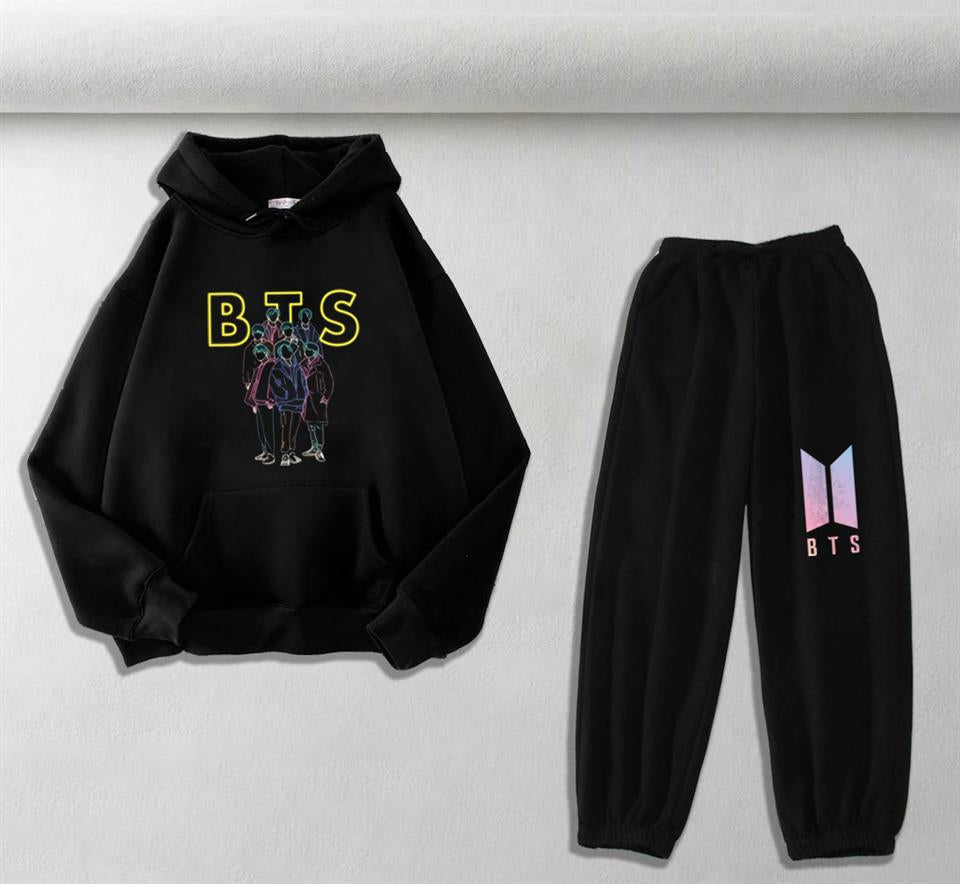 BTS Baskılı Siyah Oversize Kapüşonlu Sweatshirt & Eşofman Altı Unisex İkili Takım