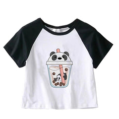 Buddy Bears Panda Baskılı Reglan Kol Beyaz Crop