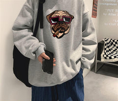 Bulldog Baskılı Gri Unisex Oversize Bisiklet Yaka Sweatshirt