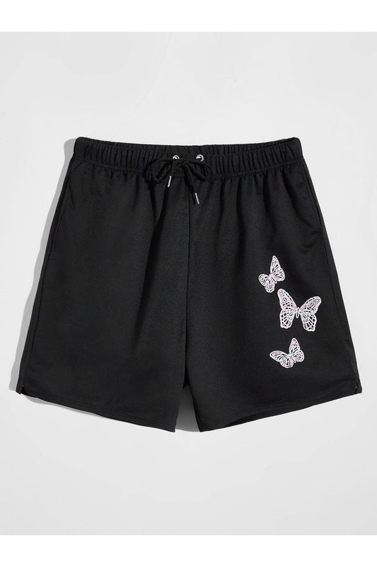 Butterfly Baskılı Siyah Şort