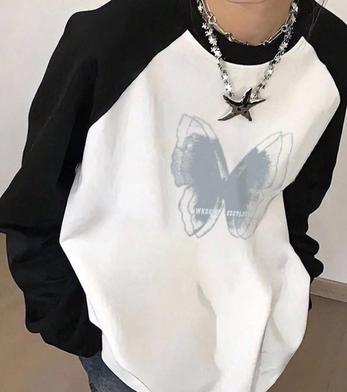 Butterfly Detay Reglan Uzun Kollu Beyaz T-Shirt