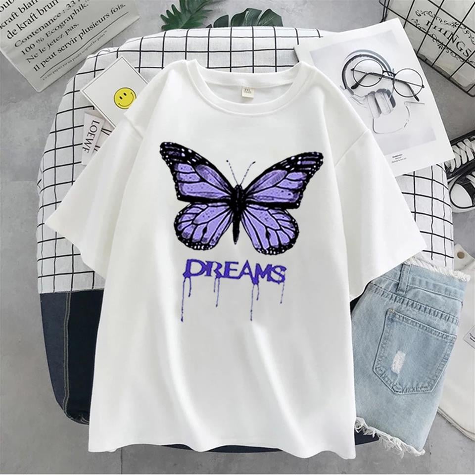 Butterfly Dreams Baskılı Beyaz Unisex Oversize T-shirt