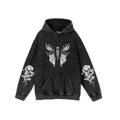 Yıkamalı Kumaş Gothic Butterfly Kapüşonlu Hoodie Sweatshirt