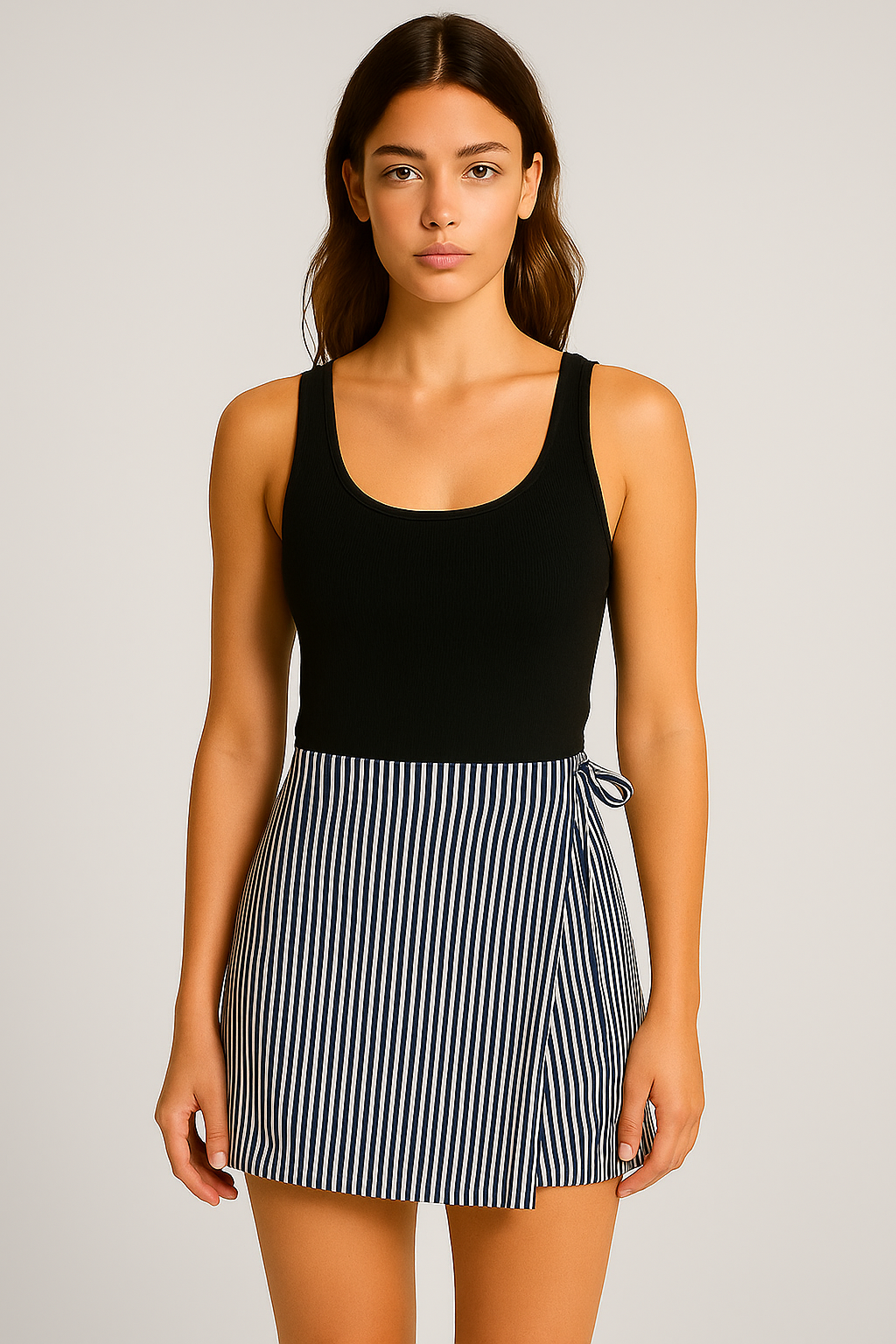 Çizgili Belden İp Detaylı Pileli Şort Etek