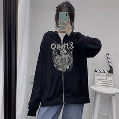 Carnifex Baskılı Oversize Fermuarlı Siyah Unisex Kapüşonlu Hırka