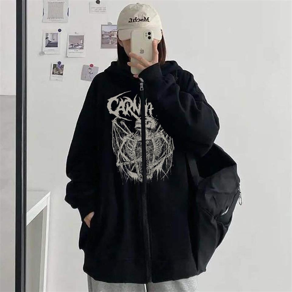 Carnifex Baskılı Oversize Fermuarlı Siyah Unisex Kapüşonlu Hırka