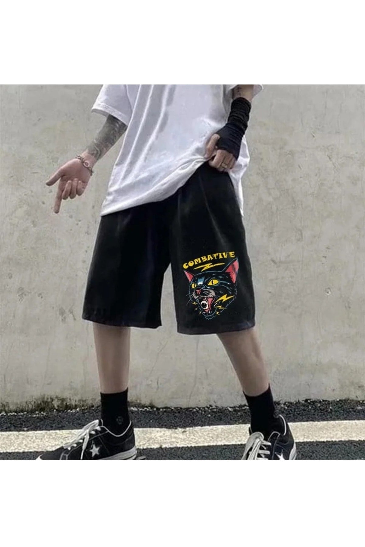 Cat Baskılı Siyah Unisex Penye Şort