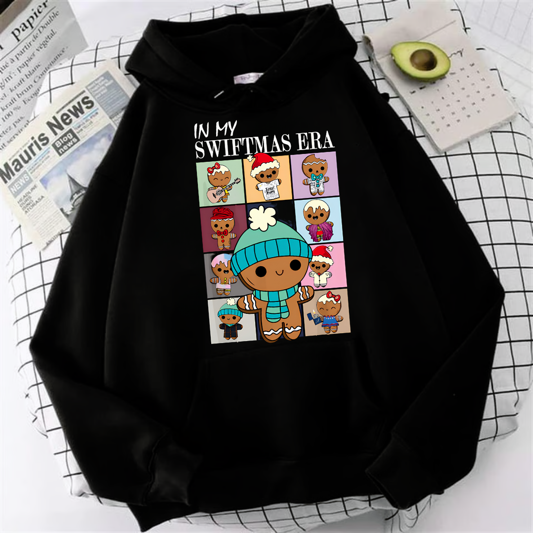 Christmas Candy Two Baskılı Siyah Unisex Oversize Kapüşonlu Sweatshirt