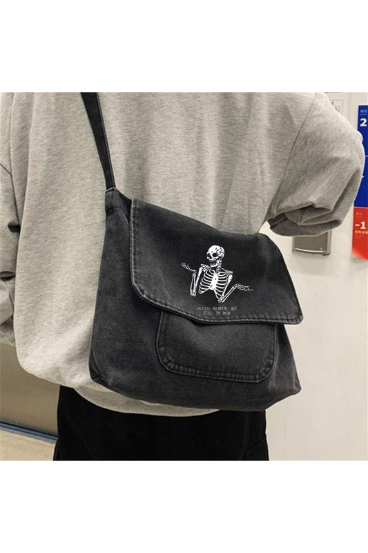 Confused Skeleton Baskılı Vintage Unisex Gri Kot Postacı Çantası