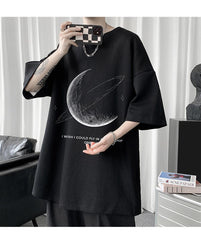 Crescent Saturn Baskılı Siyah Unisex Oversize T-shirt