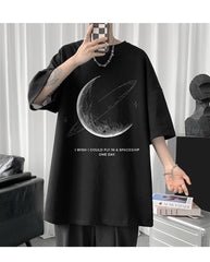 Crescent Saturn Baskılı Siyah Unisex Oversize T-shirt