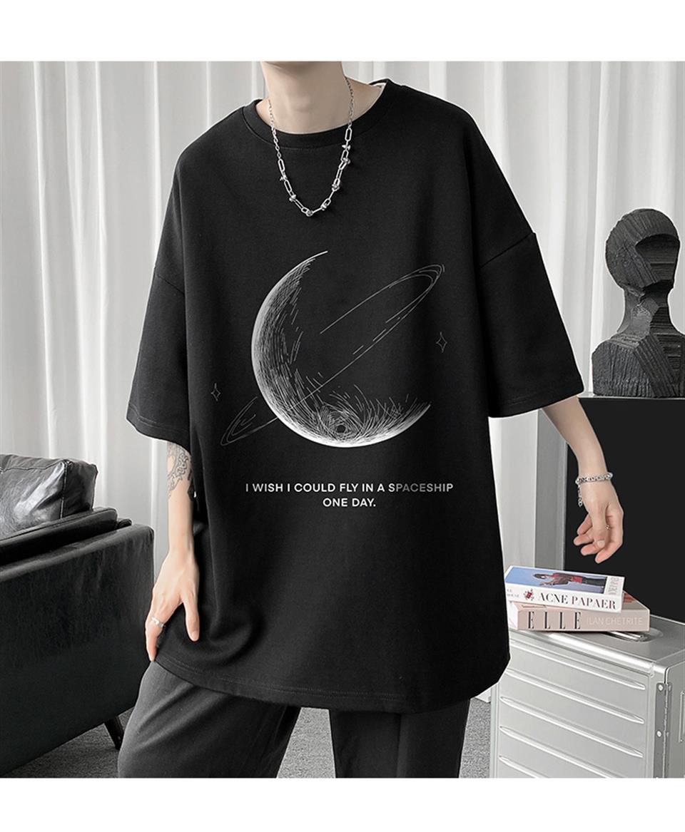 Crescent Saturn Baskılı Siyah Unisex Oversize T-shirt