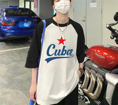 Cuba Baskılı Reglan Kol Beyaz Unisex Oversize T-shirt