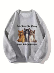 Cute Cat Baskılı Gri Unisex Oversize Bisiklet Yaka Sweatshirt