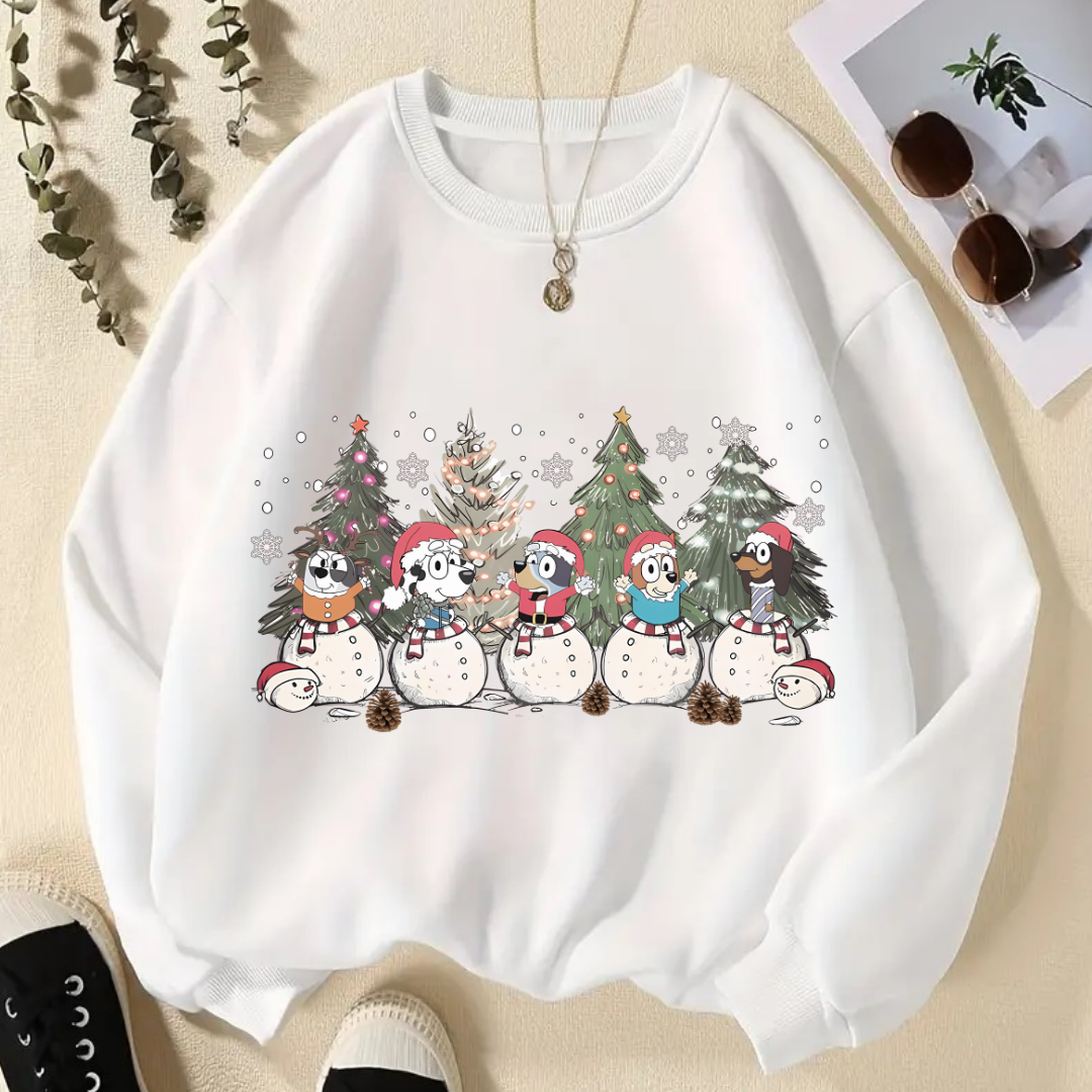 New Year Christmas Dog Baskılı Beyaz Unisex Oversize Bisiklet Yaka Sweatshirt