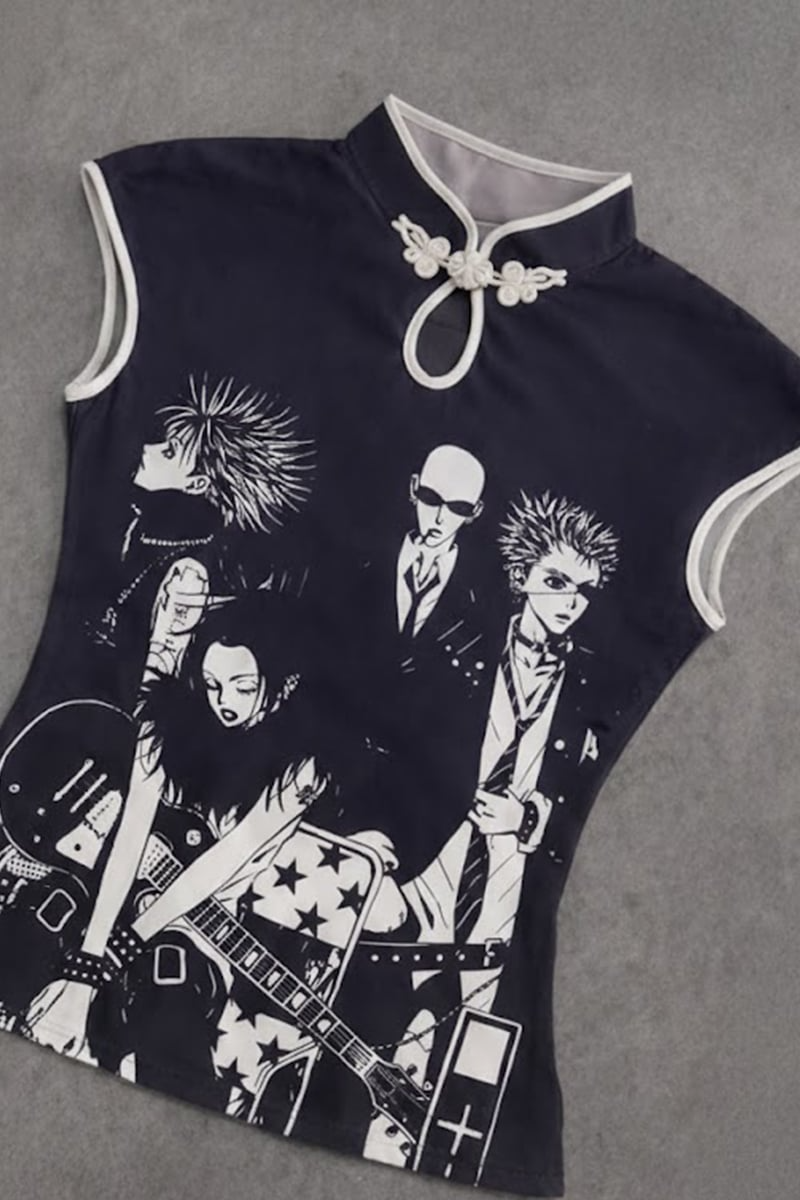 Siyah Anime Nana Qipao Vintage Y2K Kısa Kollu Crop