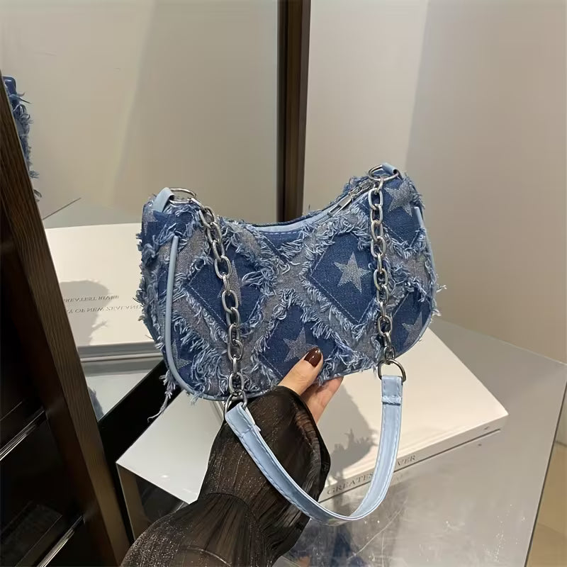 Tek Omuz Çantası, Şık Zincirli Çapraz Çanta, Çok Yönlü Günlük Küçük Denim Çanta
