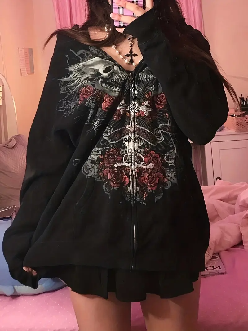 Gothic Rose Baskılı Oversize Fermuarlı Siyah Unisex Kapüşonlu Hırka