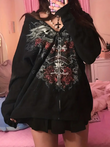 Gothic Rose Baskılı Oversize Fermuarlı Siyah Unisex Kapüşonlu Hırka