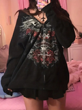 Gothic Rose Baskılı Oversize Fermuarlı Siyah Unisex Kapüşonlu Hırka
