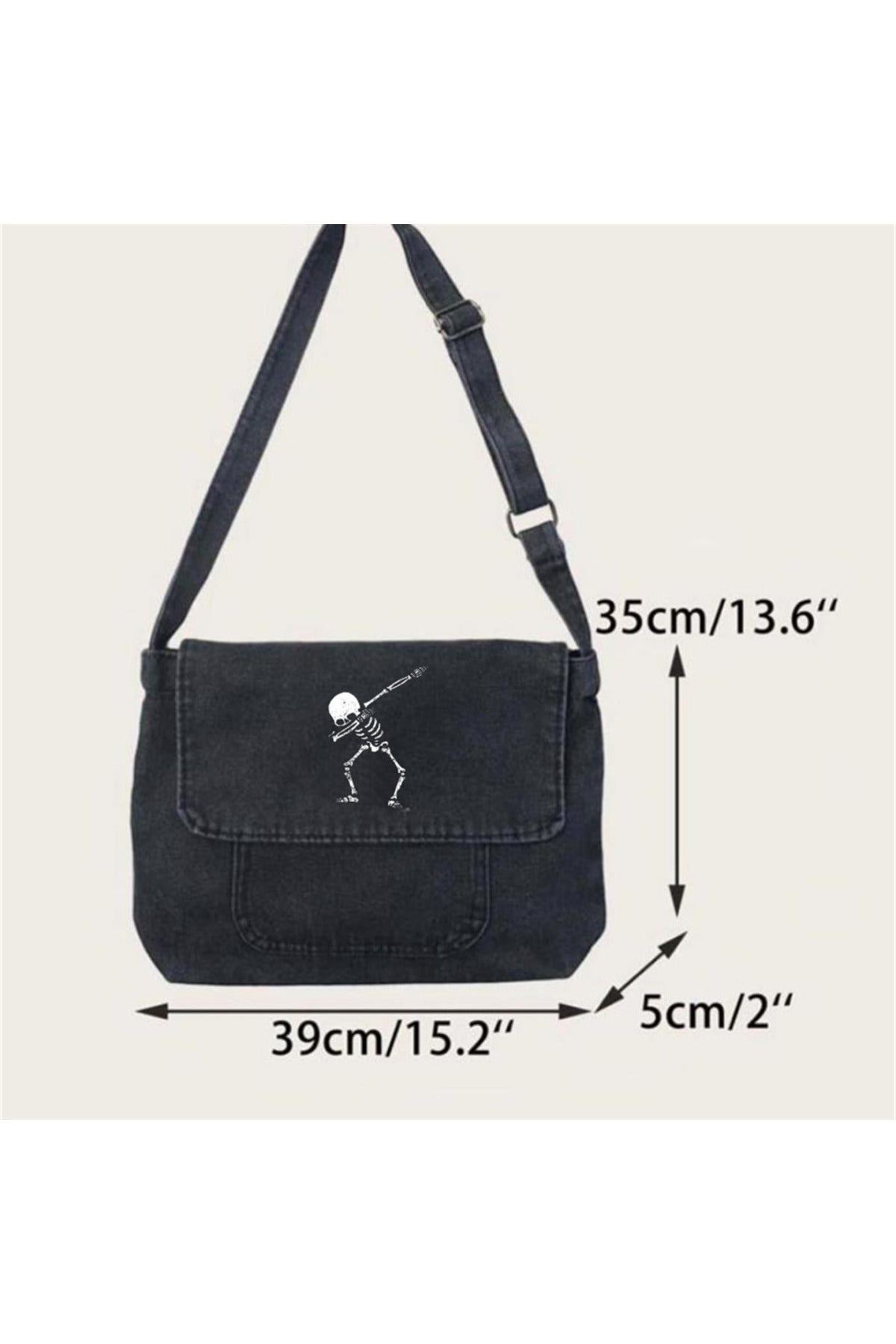 Dancer Skeleton Baskılı Vintage Unisex Gri Kot Postacı Çantası