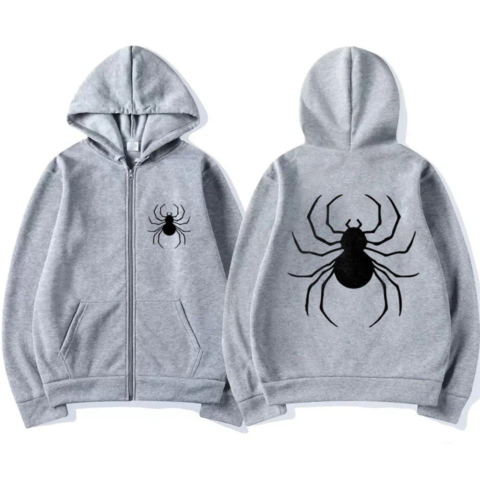 Dangerous Spider Ön-Arka Baskılı Oversize Fermuarlı Gri Unisex Kapüşonlu Hırka