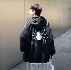 Dangerous Spider Ön-Arka Baskılı Oversize Fermuarlı Siyah Unisex Kapüşonlu Hırka