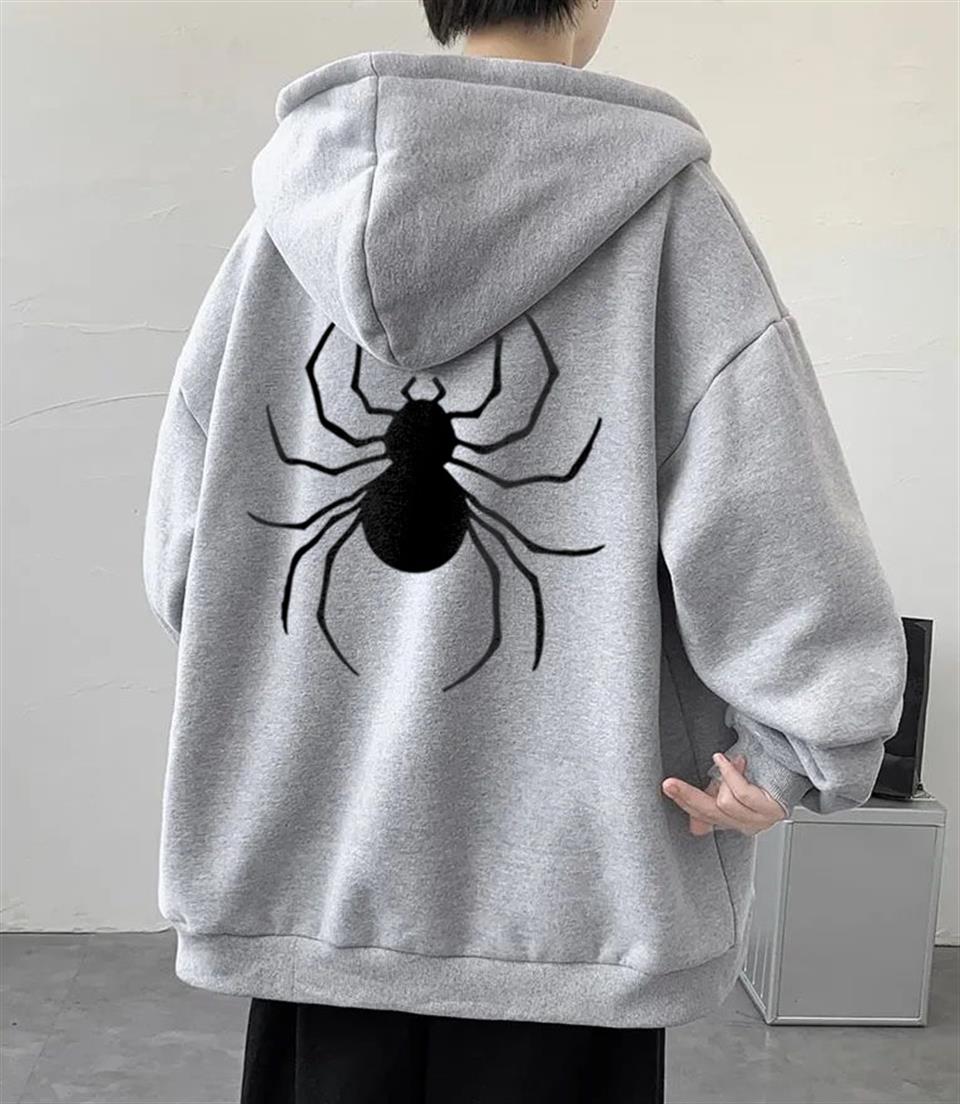 Dangerous Spider Ön-Arka Baskılı Oversize Fermuarlı Gri Unisex Kapüşonlu Hırka