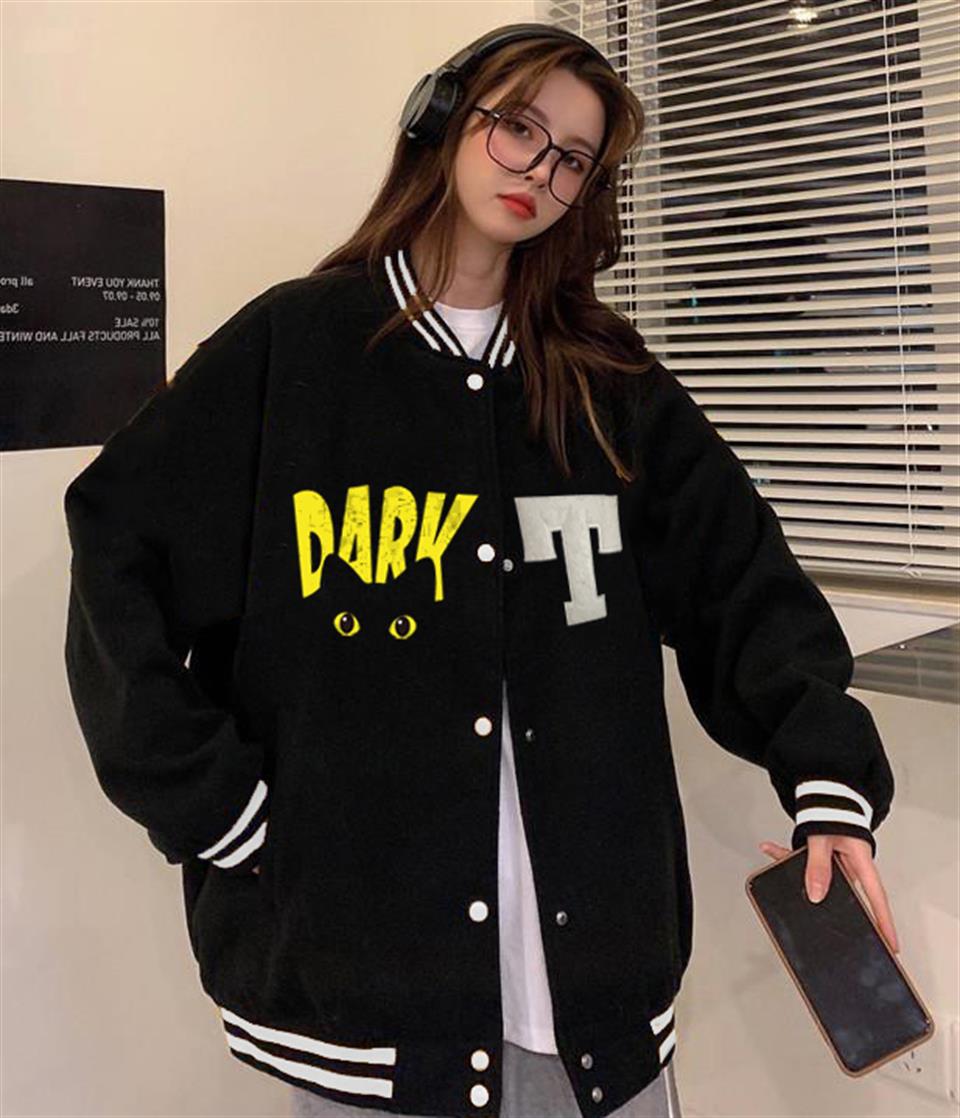 Dark Cat Baskılı Unisex Oversize Siyah Kolej Ceket