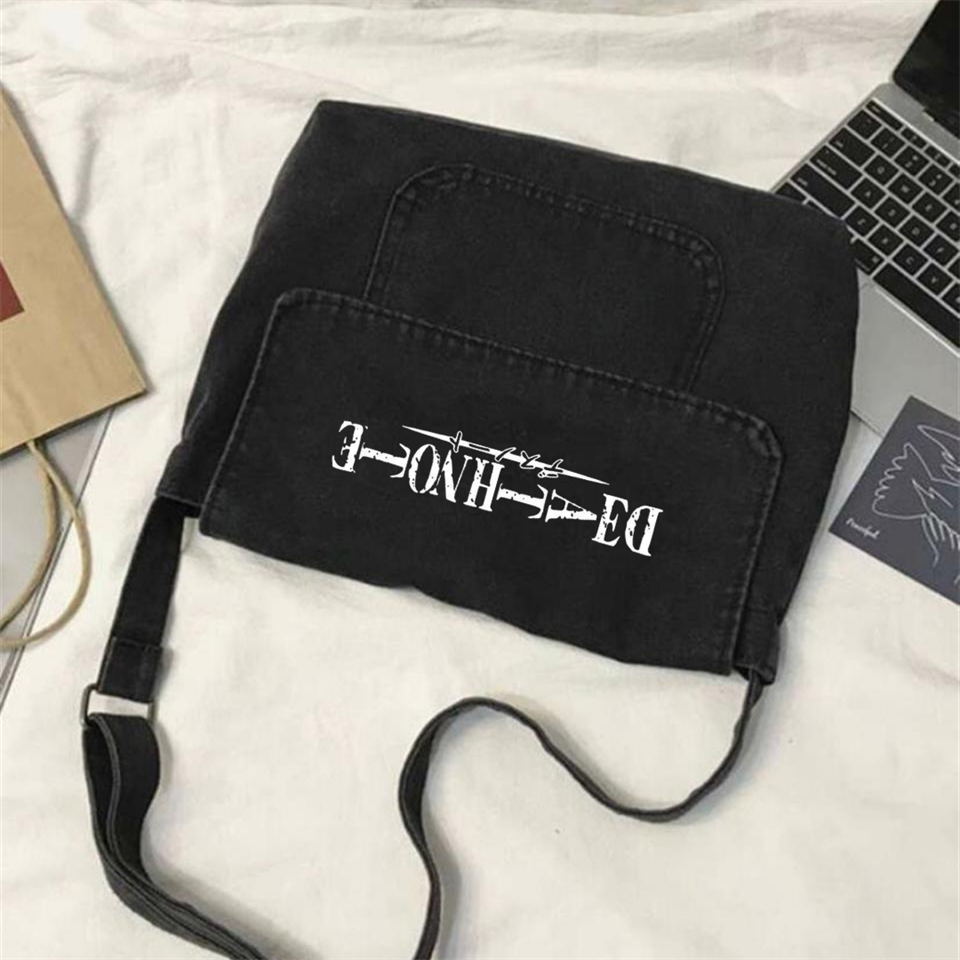 Death Note Baskılı Vintage Unisex Gri Kot Postacı Çantası