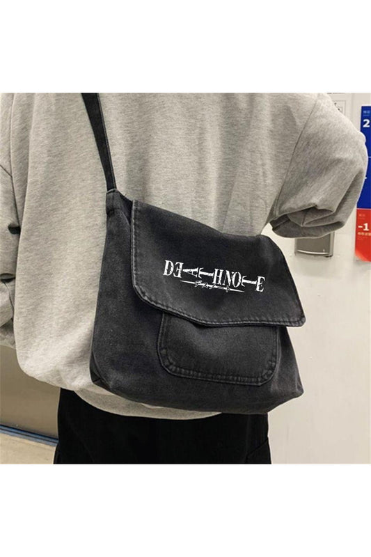Death Note Baskılı Vintage Unisex Gri Kot Postacı Çantası