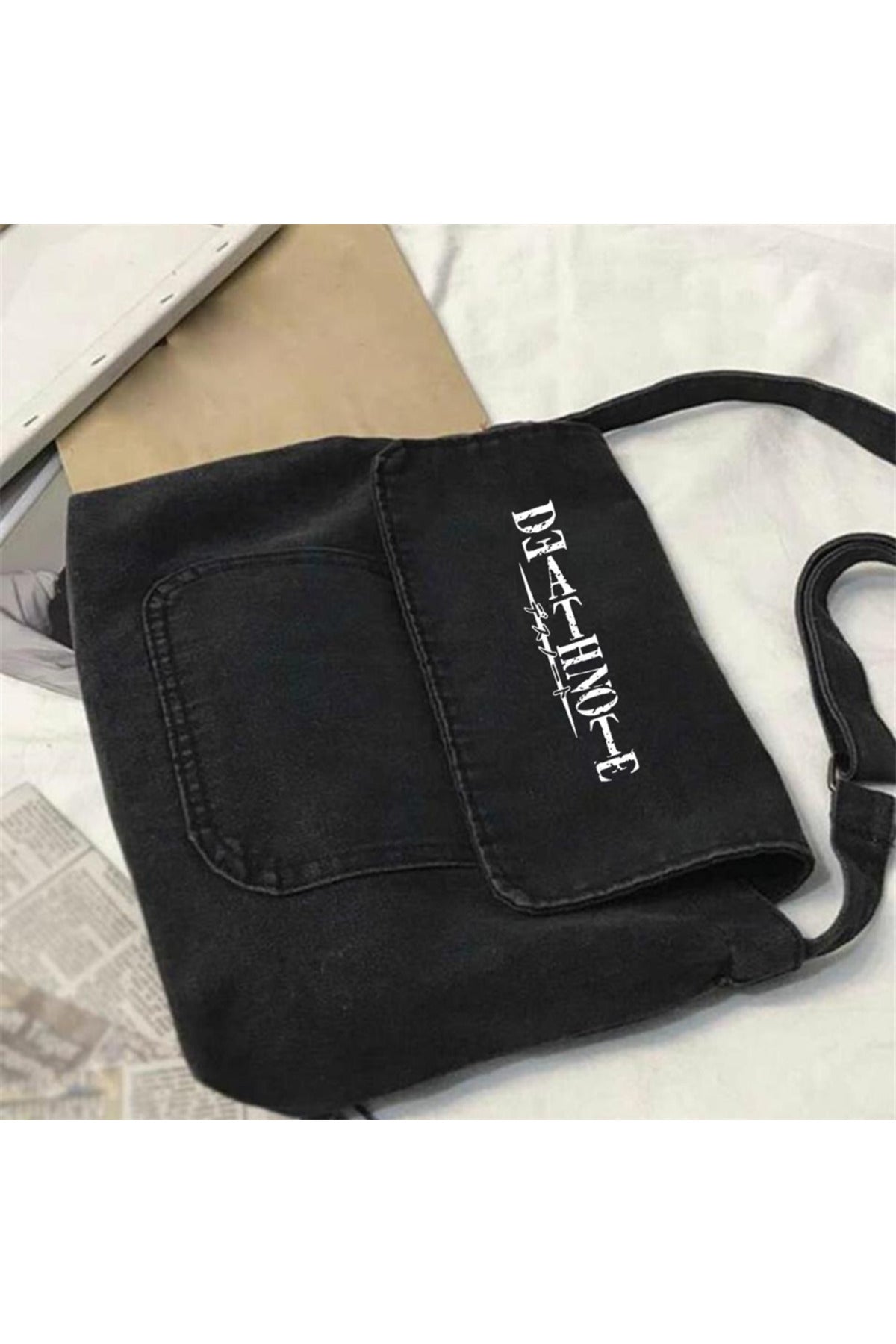 Death Note Baskılı Vintage Unisex Gri Kot Postacı Çantası