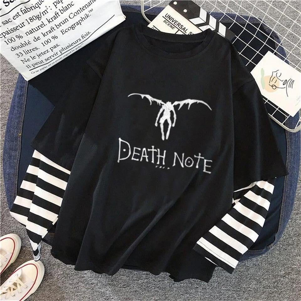 Death Note Winged Baskılı Fake Sleeves Unisex Siyah T-shirt