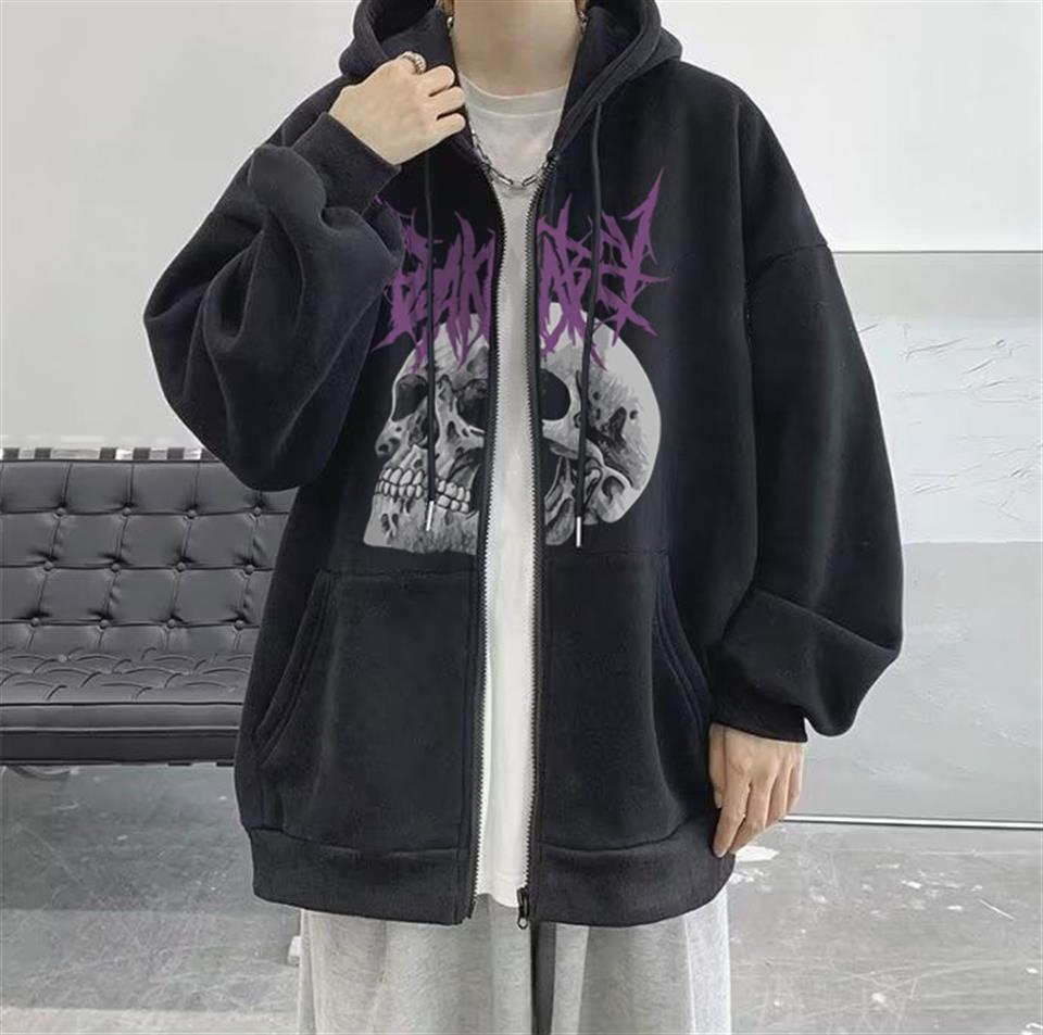 Deathless Skull Baskılı Oversize Fermuarlı Siyah Unisex Kapüşonlu Hırka