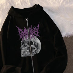 Deathless Skull Baskılı Oversize Fermuarlı Siyah Unisex Kapüşonlu Hırka