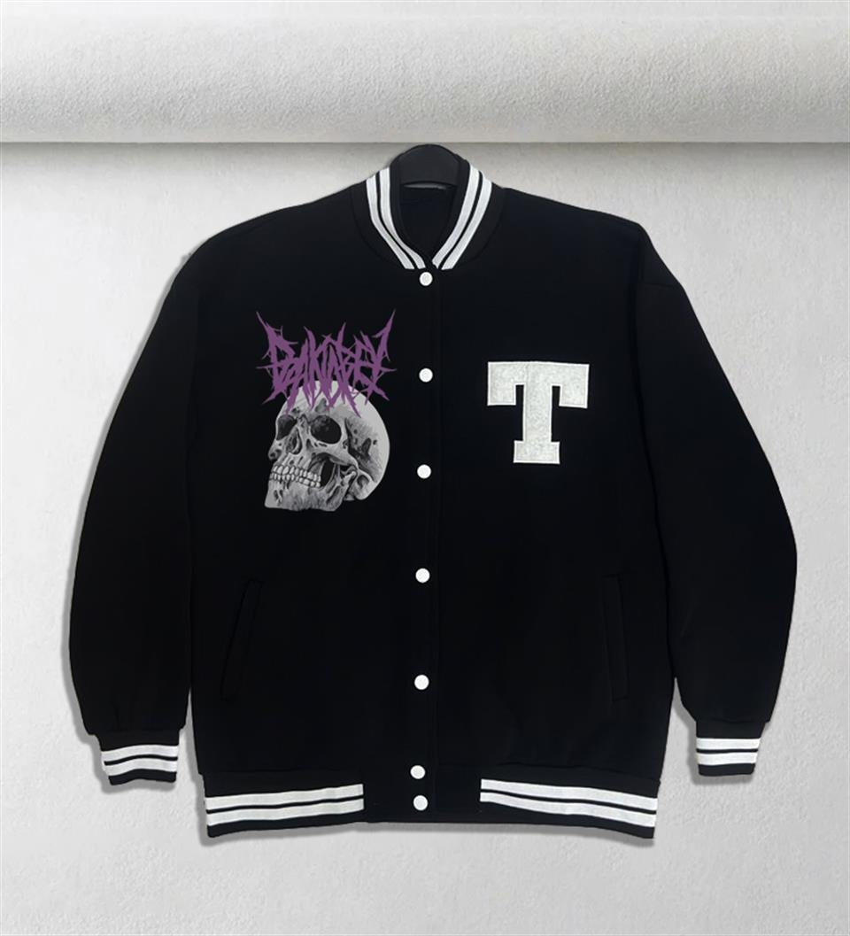 Deathless Skull Baskılı Unisex Oversize Siyah Kolej Ceket