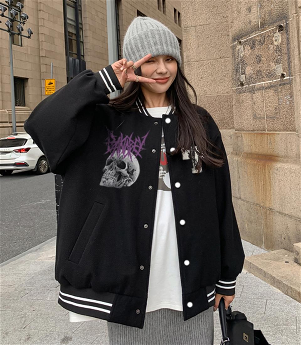 Deathless Skull Baskılı Unisex Oversize Siyah Kolej Ceket