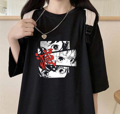 Demon Slayer Eyes Baskılı Siyah Unisex Oversize T-shirt