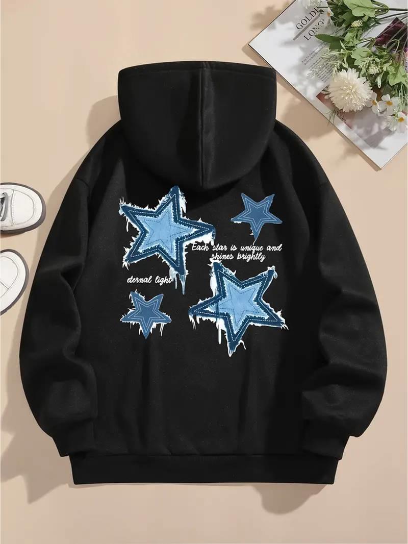 Denin Star Baskılı Siyah Kapşonlu Sweatshirt