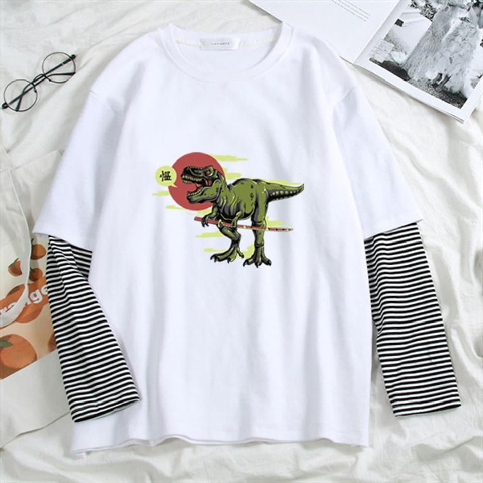 Dinosaur Baskılı Fake Sleeves Unisex Beyaz T-shirt