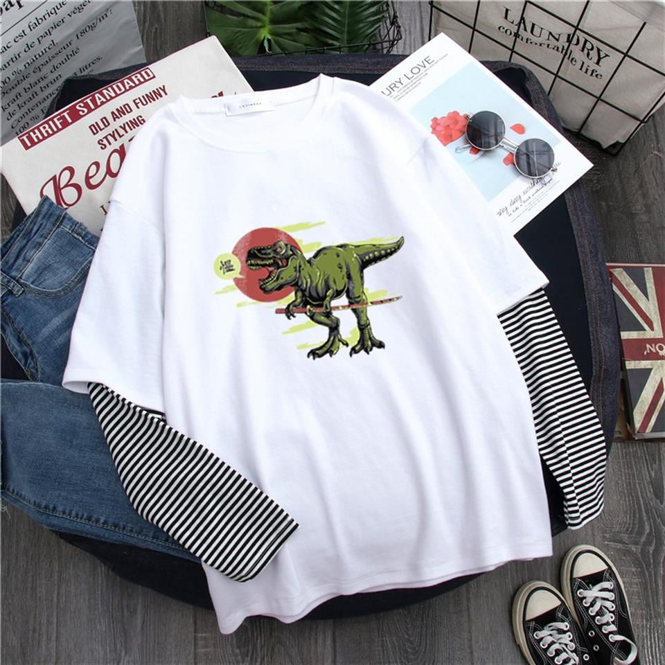 Dinosaur Baskılı Fake Sleeves Unisex Beyaz T-shirt