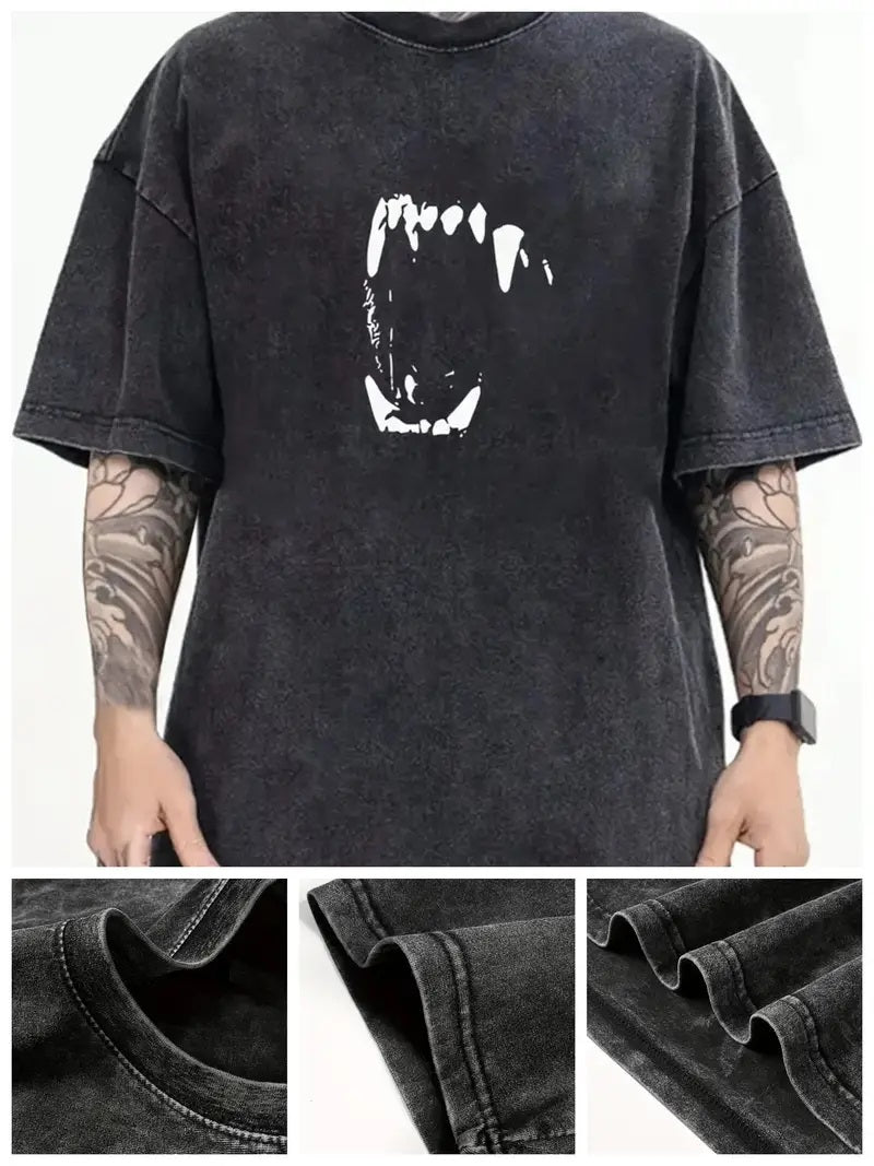 Yıkamalı Fang Baskılı Unisex Oversize Vintage T-shirt