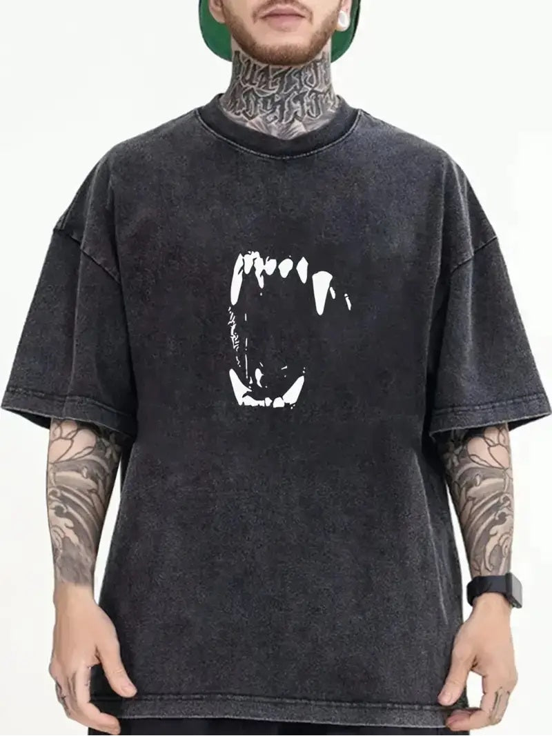 Yıkamalı Fang Baskılı Unisex Oversize Vintage T-shirt