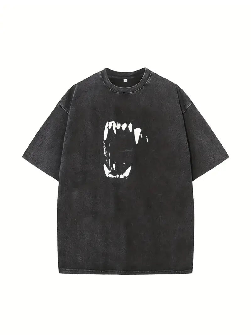 Yıkamalı Fang Baskılı Unisex Oversize Vintage T-shirt